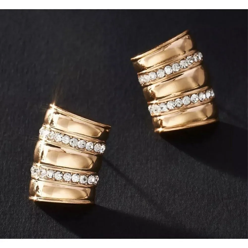 Anthropologie Restored Vintage Crystal Encrusted Curved Earrings 14K Gold Plate